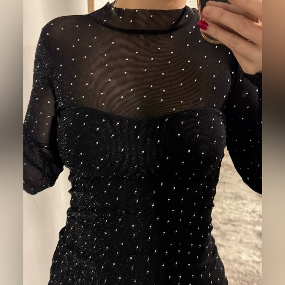 Elegant Black Sheer Bodycon Rhinestone Sparkle Party NYE Holiday Birthday Dress - Picture 4 of 8